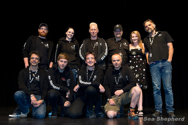 Sea Shepherd (left to right) Leo, Olav, Anne, Tim, Maddy, Sebastian, Omar, Ralf, Kylie and Geert