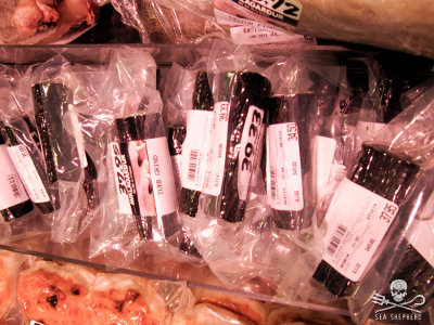 Pilot whale meat for sale in a supermarket