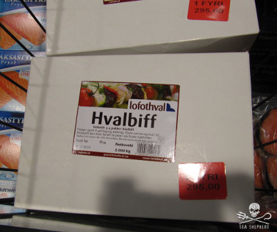 Minke whale meat packaged up for sale in a local supermarket