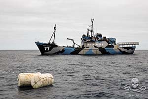 The Steve Irwin locates buoys, marking illegal driftnets. Photo: Eliza Muirhead