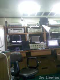 The communications room of the Japanese whaling fleet's security vessel, the Shonan Maru No. 2