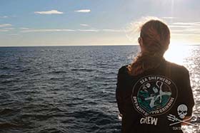 Capt. Wyanda Lublink watches over a pod of dolphins as Sea Shepherd leads them safely back out to open sea. Photo: Sea Shepherd