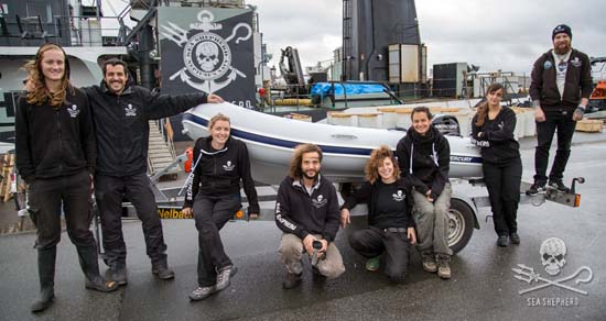The crew of the Brigitte Bardot with the vessel’s new tender, purchased thanks to the generosity of Sea Shepherd supporters around the world. Photo: Giacomo Giorgi