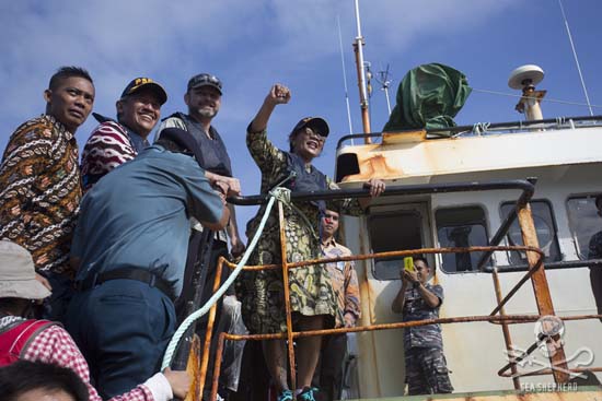 Indonesian Fisheries Minister, Susi Pudjiastuti, greets crowds and media on board the Viking, prior to its sinking. Photo: Gary Stokes