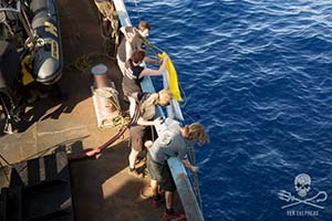 The crew of the Steve Irwin retrieves fishing sacks, discarded by the FU YUAN YU 076.	Photo: Eliza Muirhead