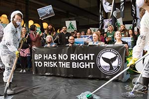 Jaxon Barnes and Peter Owen of The Wilderness Society, Mirning elder Uncle Bunna Lawrie, and Nelli Huié of Sea Shepherd Australia at the Melbourne protest. Photo: Aaron Stevenson