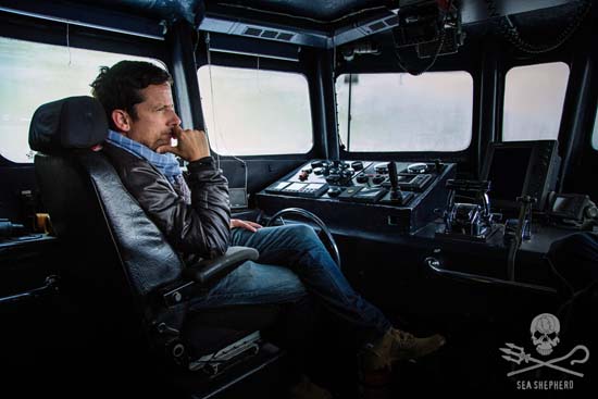 Actor and activist Ross McCall on board Sea Shepherd’s MV Bridgitte Bardot, at the Faroe Islands in 2015