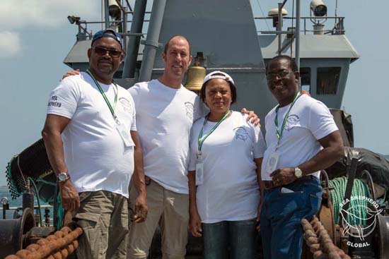 Georges Mba Asseko; Captain Andre Rutishauser; Micheline Schummer, Ministry of Fisheries and Aquaculture and Guy Nang Bekale onboard the Bob Barker from Gabon to São Tomé. Photo: Nelli Huie