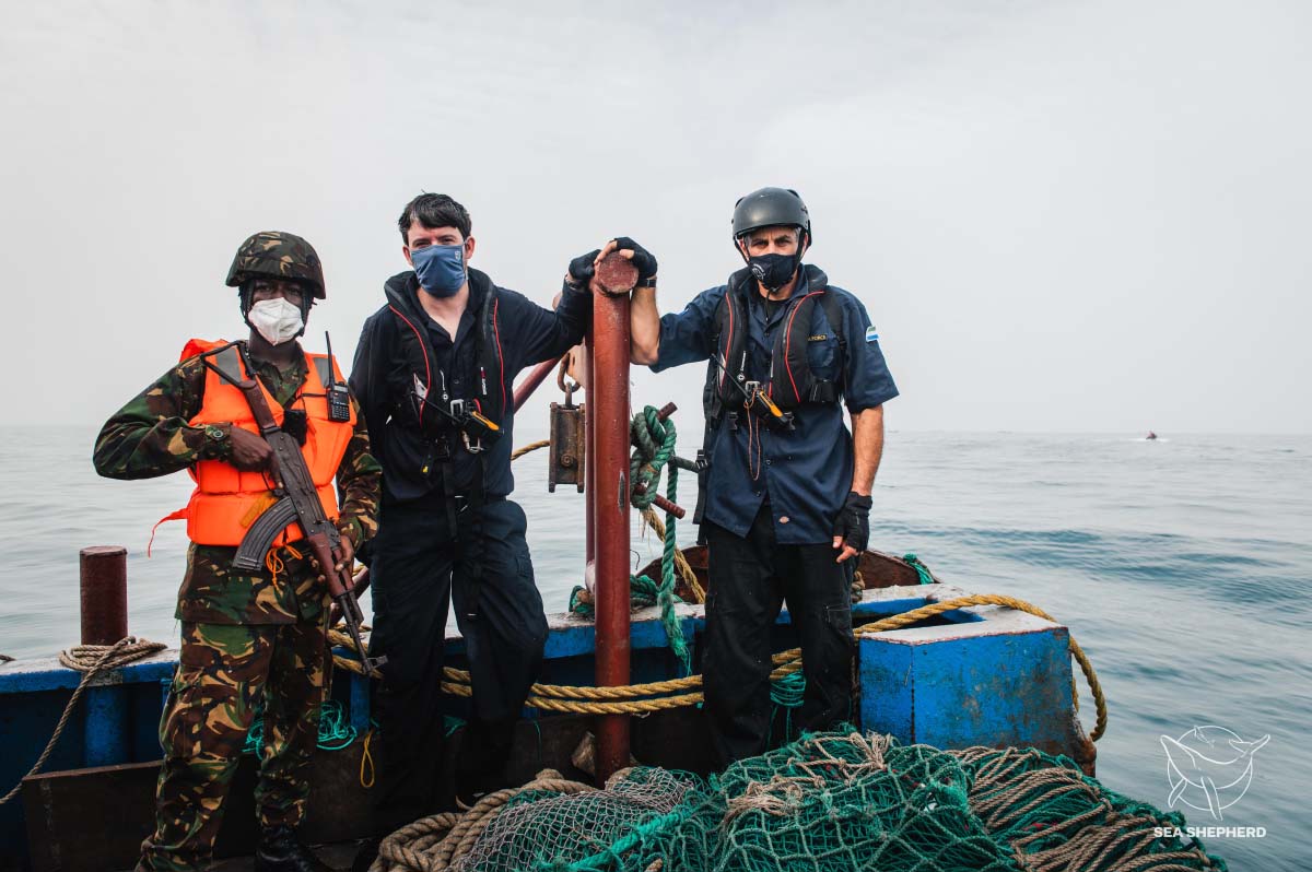 Captain Peter Hammarstedt and Sierra Leone Navy on board arrested trawler