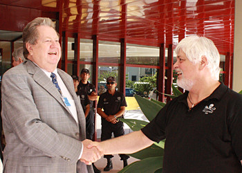 Captain Watson shakes hands with IWC commissioner Bill Hogarth
