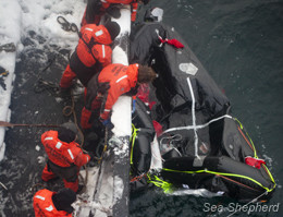 Crewmembers recover the life raft from the icy waters. Photo: Barbara Veiga