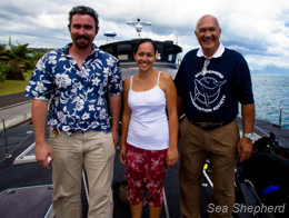 Captain MacLean and Minister Handerson and his daughter on the deck of the Gojira. Photo: Simon Ager