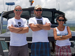 Sea Shepherd Galapagos Director Alex Cornelissen (left), Ben Ayala, Coordinator Malena Garcia. Photo: Simon Ager