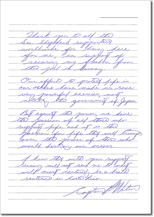 Captain Watson's handwritten note