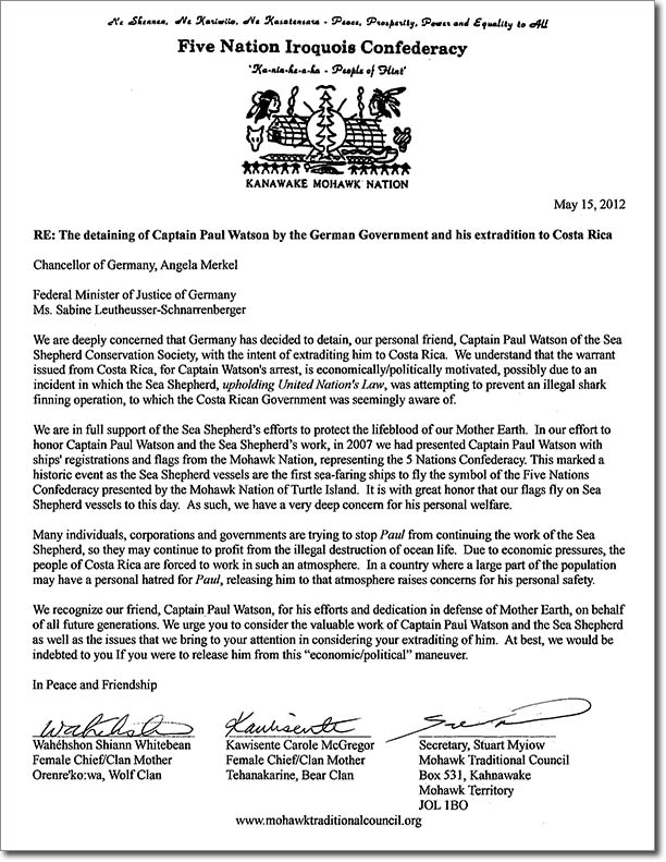 The Five Nations Iroquois Confederacy letter asking for the release of Captain Paul Watson