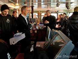 Operation Kimberley Miinimbi campaign leader Bob Brown aboard the Steve Irwin with Sea Shepherd crew and media. Photo: Fair Projects