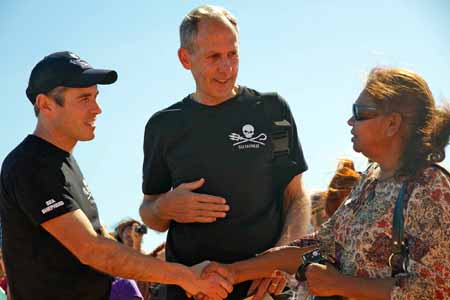 Sea Shepherd Australia director Jeff Hansen and campaign leader Bob Brown meet Lorna Cox, a Nyul Nyul/Jabirr Jabirr woman. Photo: Bronte Turner for the Bob Brown Foundation
